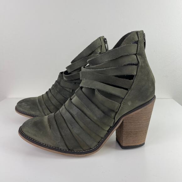 Free People Hybrid Gray Green Leather Strappy Ankle Boots Wood Heel 38 7.5/8 - Picture 3 of 8